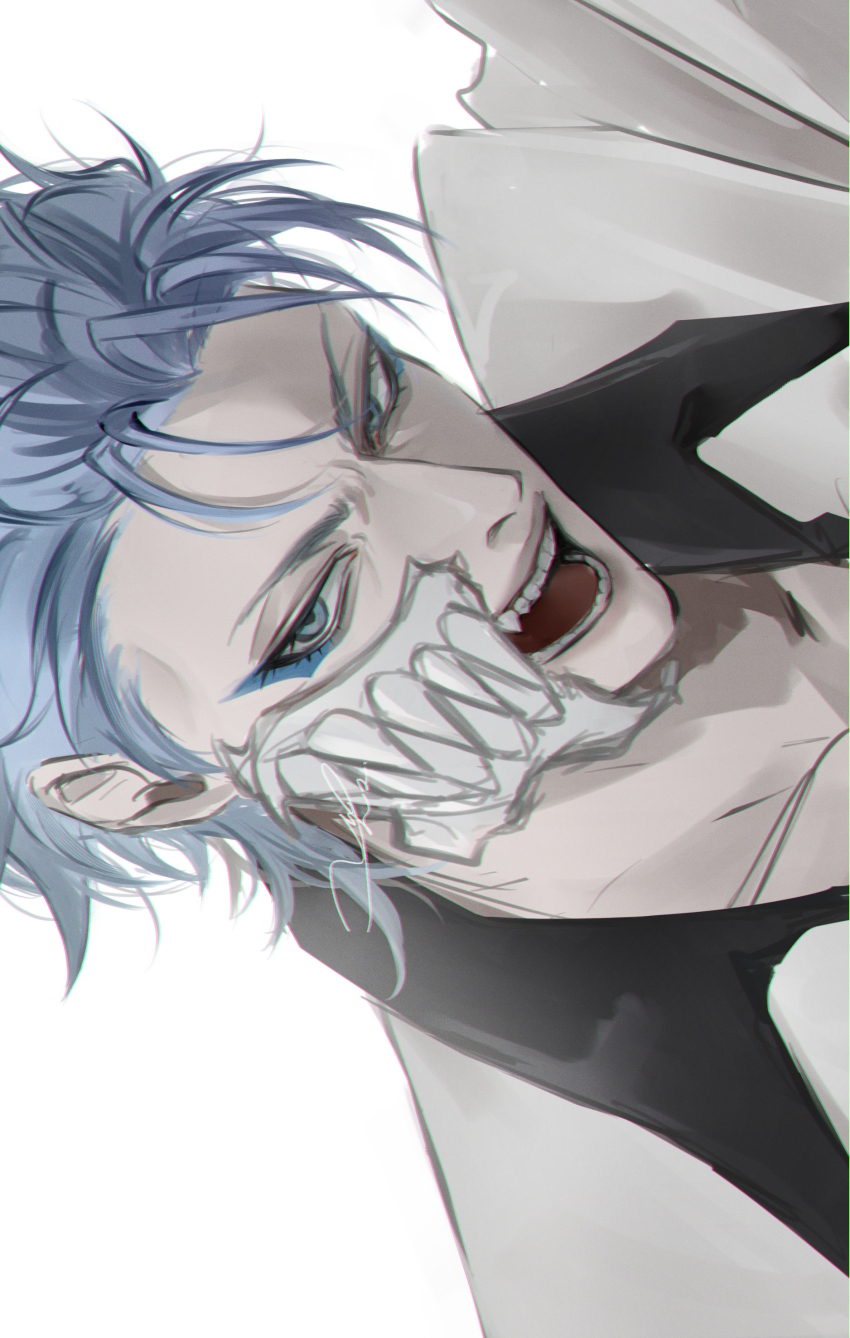 1boy absurdres bleach blue_eyeliner blue_eyes blue_hair eyeliner grimmjow_jaegerjaquez highres hollow_mask looking_at_viewer makeup male_focus open_mouth short_hair sideways simple_background solo teeth tongue white_background x_urh_x
