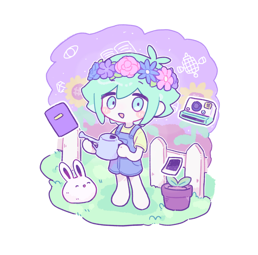1boy :d androgynous animal antenna_hair barefoot basil_(headspace)_(omori) basil_(omori) blue_eyes blue_flower blue_overalls blue_rose blush book border chibi chibi_only colored_skin commentary_request double-parted_bangs fence flower flower_pot flower_wreath forest_bunny_(omori) full_body grass green_hair green_shirt hair_between_eyes head_wreath highres higiki holding holding_watering_can leaf looking_at_viewer male_focus omori on_grass open_mouth outdoors outline overall_shorts overalls photo_(object) pink_flower pink_rose purple_flower purple_sky rabbit rose shirt short_hair short_sleeves sidelocks simple_background sky smile solo standing sunflower watering_can white_border white_outline white_rabbit_(animal) white_skin wooden_fence