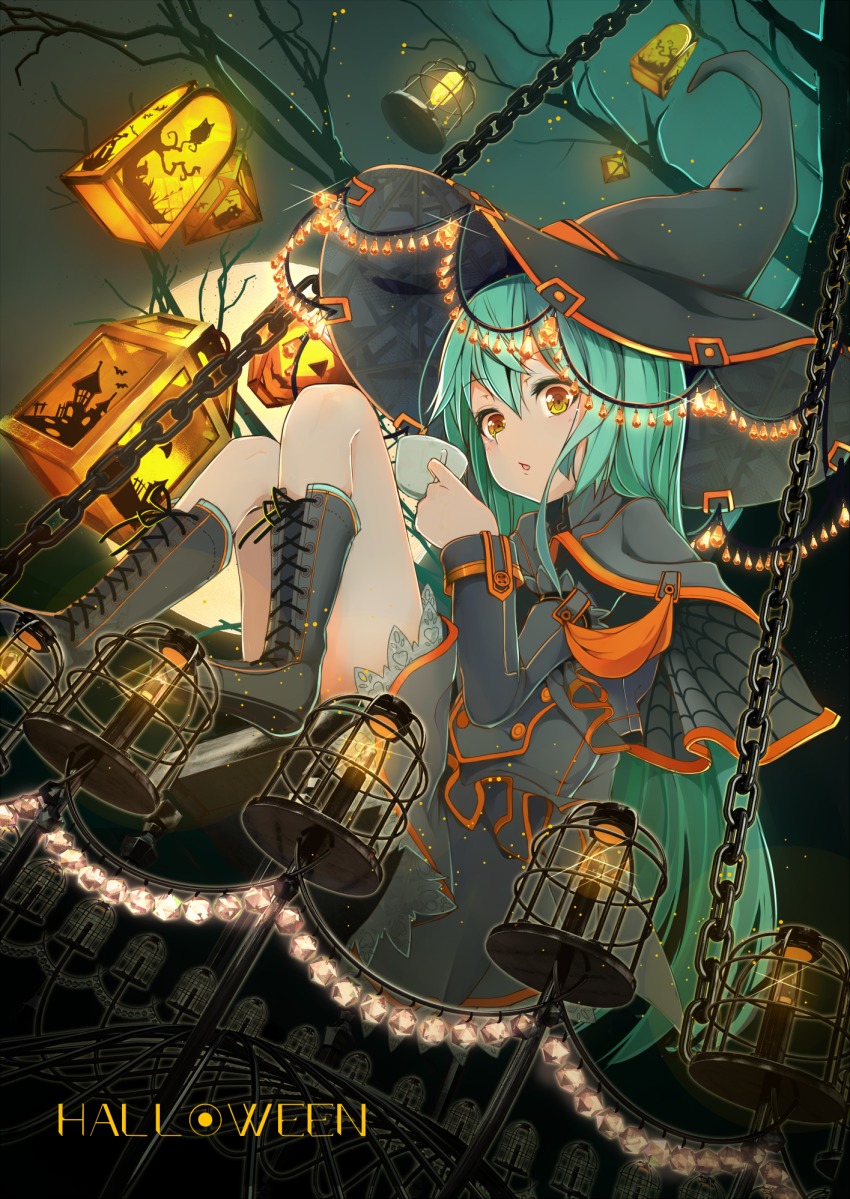 1girl bare_tree black_cape black_capelet black_footwear black_hat black_skirt boots candle cape capelet chain cross-laced_footwear cup full_body green_hair halloween hat highres holding holding_cup lantern long_hair looking_at_viewer night original outdoors radiosity_(yousei) skirt spider_web_print tree very_long_hair witch_hat yellow_eyes