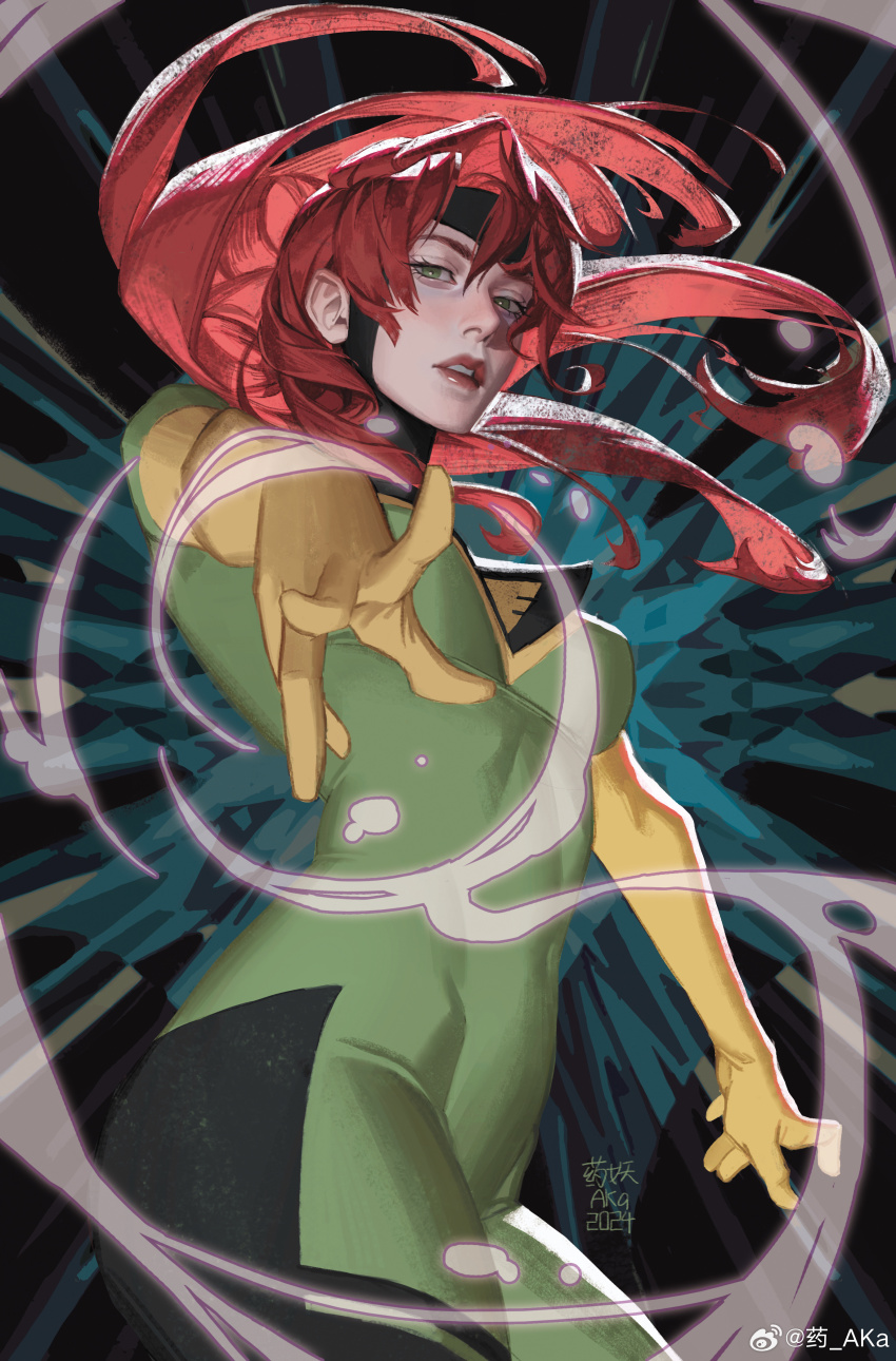 1girl absurdres black_bodysuit black_headband bodysuit breasts chinese_commentary commentary_request cowboy_shot elbow_gloves floating_hair gloves green_bodysuit green_eyes hair_between_eyes headband highres jean_grey lips long_hair looking_at_viewer magic marvel medium_breasts phoenix_(x-men) red_hair solo standing superhero_costume teeth two-tone_bodysuit x-men yaoyao794 yellow_gloves