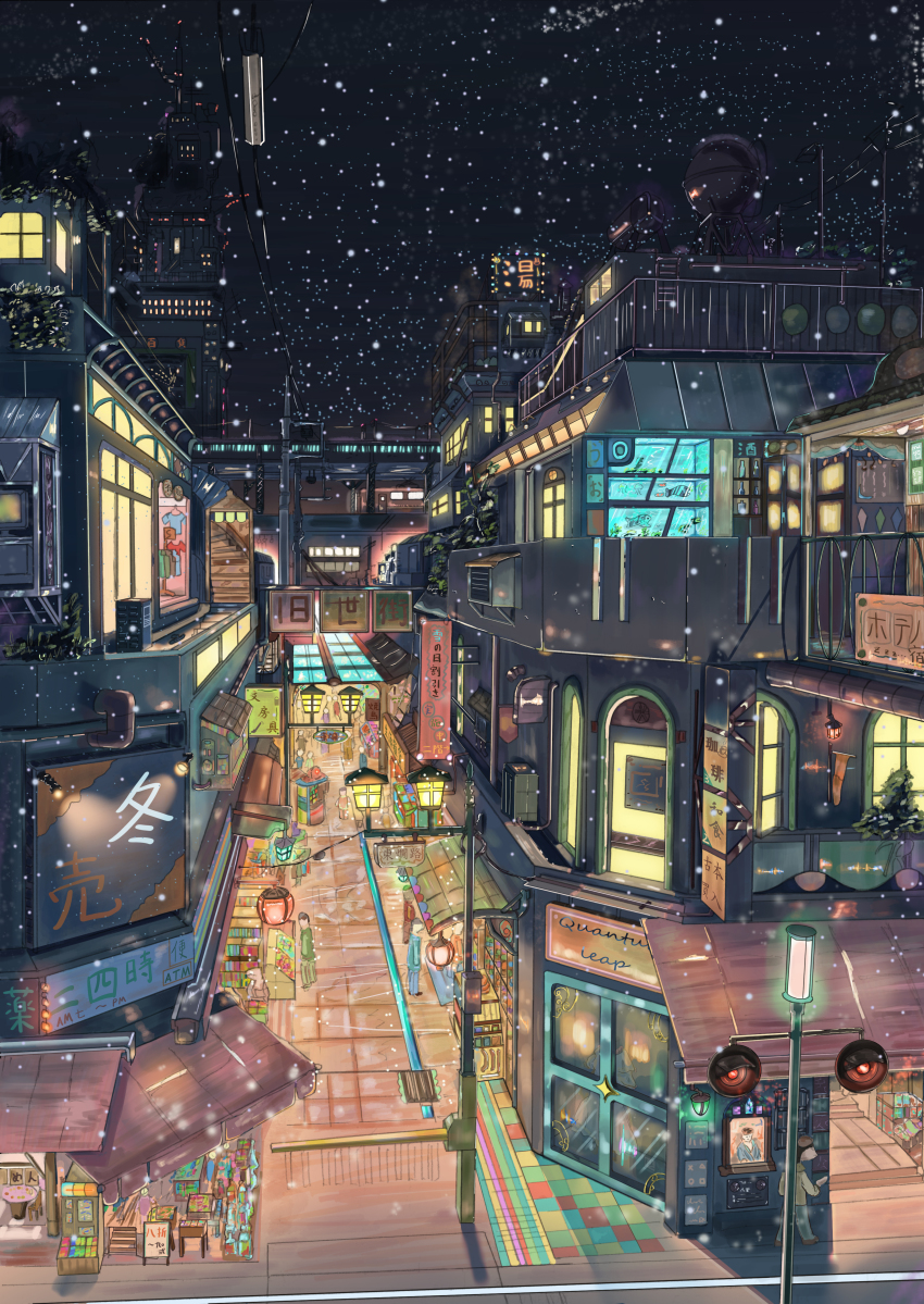 absurdres bottle building city cityscape commentary_request english_text fish fish_tank highres jellyfish lampshade lantern light market night night_sky original path people power_lines qdsn road scenery shirt shop sign sky snow stairs utility_pole window winter