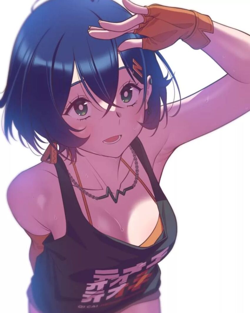 1girl andrian_januar_adilia arm_up armpit_peek armpits bare_shoulders belle_(zenless_zone_zero) black_shirt blue_hair bra breasts cleavage ear_piercing earrings elbow_gloves female_focus fingerless_gloves from_above gloves green_eyes hair_ornament hairclip highres jewelry jpeg_artifacts looking_up lower_teeth_only medium_breasts mihoyo necklace open_mouth orange_gloves piercing shade shirt simple_background singlet sleeveless sleeveless_shirt solo sweat t-shirt tank_top tareme teeth text_print underwear upper_body white_background yellow_bra yellow_gloves zenless_zone_zero