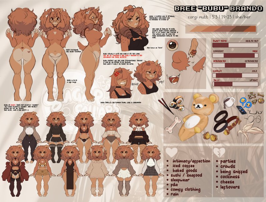 1girl absurdres animal_ears animal_hands ass barefoot bikini black_bikini black_dress black_hoodie black_shorts black_tank_top black_thighhighs bone bone_hair_ornament breasts bree_&quot;bubu&quot;_brando_(sugarcollars) brown_eyes cellphone character_profile chopsticks cleavage coffee_mug collar commentary completely_nude cosplay cropped_shirt cropped_sweater cup dog dog_ears dog_girl dog_paws dog_tail dolphin_shorts dress emoji english_commentary fangs fishnet_thighhighs fishnets food from_behind from_side full_body glasses hair_ornament highres hood hood_down hoodie midriff mug nude original pajamas pants pelvic_curtain phone reference_sheet rilakkuma rilakkuma_(cosplay) short_hair shorts side_slit skirt smartphone solo stuffed_animal stuffed_toy sugarcollars sushi sweater swimsuit tail tank_top teddy_bear teeth thighhighs white_skirt