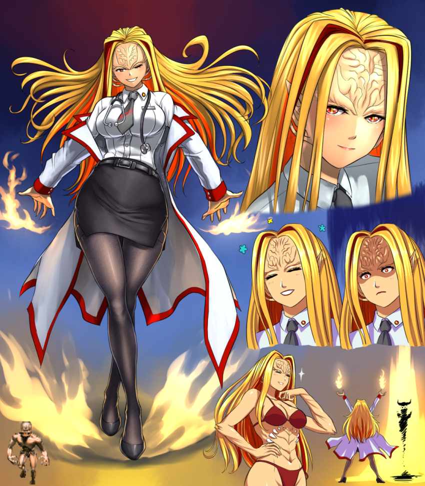 1girl arch-vile black_necktie black_pantyhose black_skirt blonde_hair bra breasts coat demon_girl doom_(series) doom_ii hair_intakes high_heels highres lab_coat large_breasts long_hair long_sleeves miniskirt necktie open_clothes open_coat panties pantyhose parted_bangs pencil_skirt personification pointy_ears red_bra red_eyes red_panties red_streaks reference_inset shirt sidelocks skirt slit_pupils stethoscope_around_neck substance20 underwear very_long_hair white_coat white_shirt
