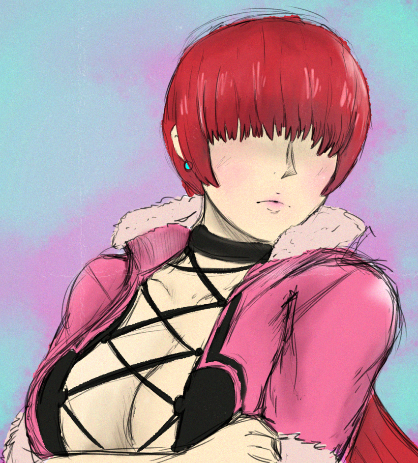 1girl breasts cleavage cleavage_cutout clothing_cutout curvy earrings female_focus fishnets fluffy highres huge_breasts jacket jewelry large_breasts lemonchello long_hair pale_skin ponytail red_hair shermie_(kof) the_king_of_fighters