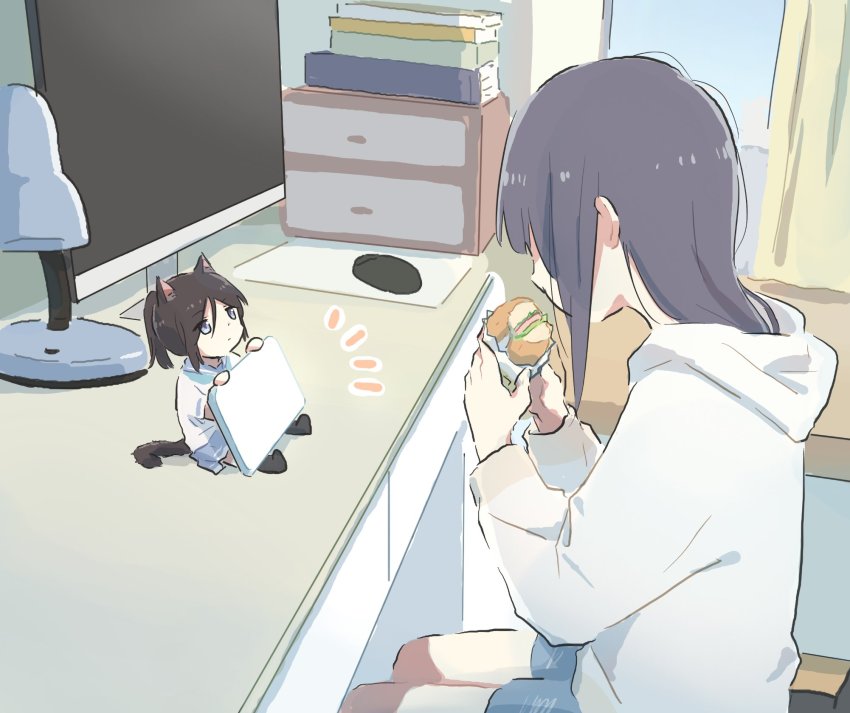 2girls animal_ears black_hair blue_eyes blue_hair blue_shorts burger cat_girl chair chibi closed_mouth curtains denim denim_shorts desk eating expressionless food hands_up hibike!_euphonium highres holding holding_food holding_phone hood hoodie indoors kasaki_nozomi liz_to_aoi_tori long_hair long_sleeves looking_at_another looking_up lyy multiple_girls phone ponytail shorts sitting tail white_hoodie window yoroizuka_mizore