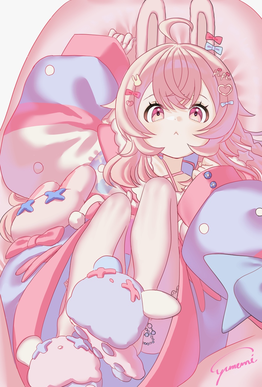 1girl :&lt; absurdres ahoge animal_ears animal_slippers blue_bow blue_jacket bow ear_bow hair_bow hair_ornament heart heart_hair_ornament highres jacket long_hair looking_at_viewer lying multicolored_jacket on_back phase_connect pink_bow pink_eyes pink_hair pink_jacket pipkin_pippa pipkin_pippa_(1st_costume) rabbit_ears rabbit_girl rabbit_hair_ornament slippers solo virtual_youtuber white_jacket yukime_(yurumerutu)
