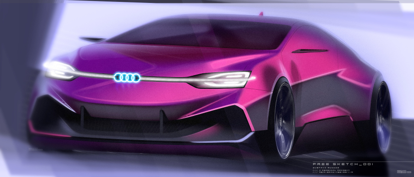 audi car concept_art glowing gustavo_munhoz highres motion_blur motor_vehicle no_humans original red_car science_fiction shadow vehicle_focus