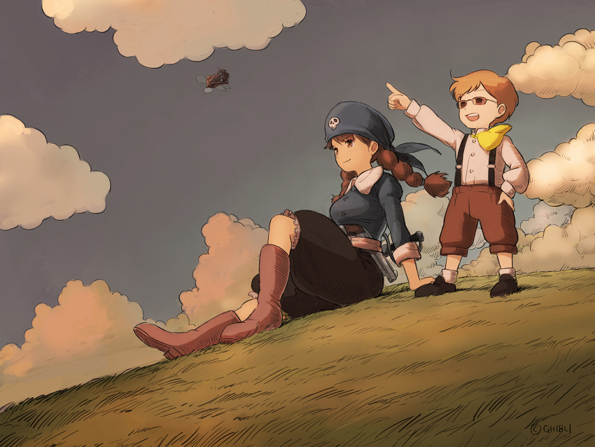 1boy 1girl aged_down blonde_hair braid breasts closed_mouth cloud commentary_request dola_(laputa) grass hat highres kokudou_juunigou long_hair muska open_mouth smile studio_ghibli tenkuu_no_shiro_laputa twin_braids twintails weapon