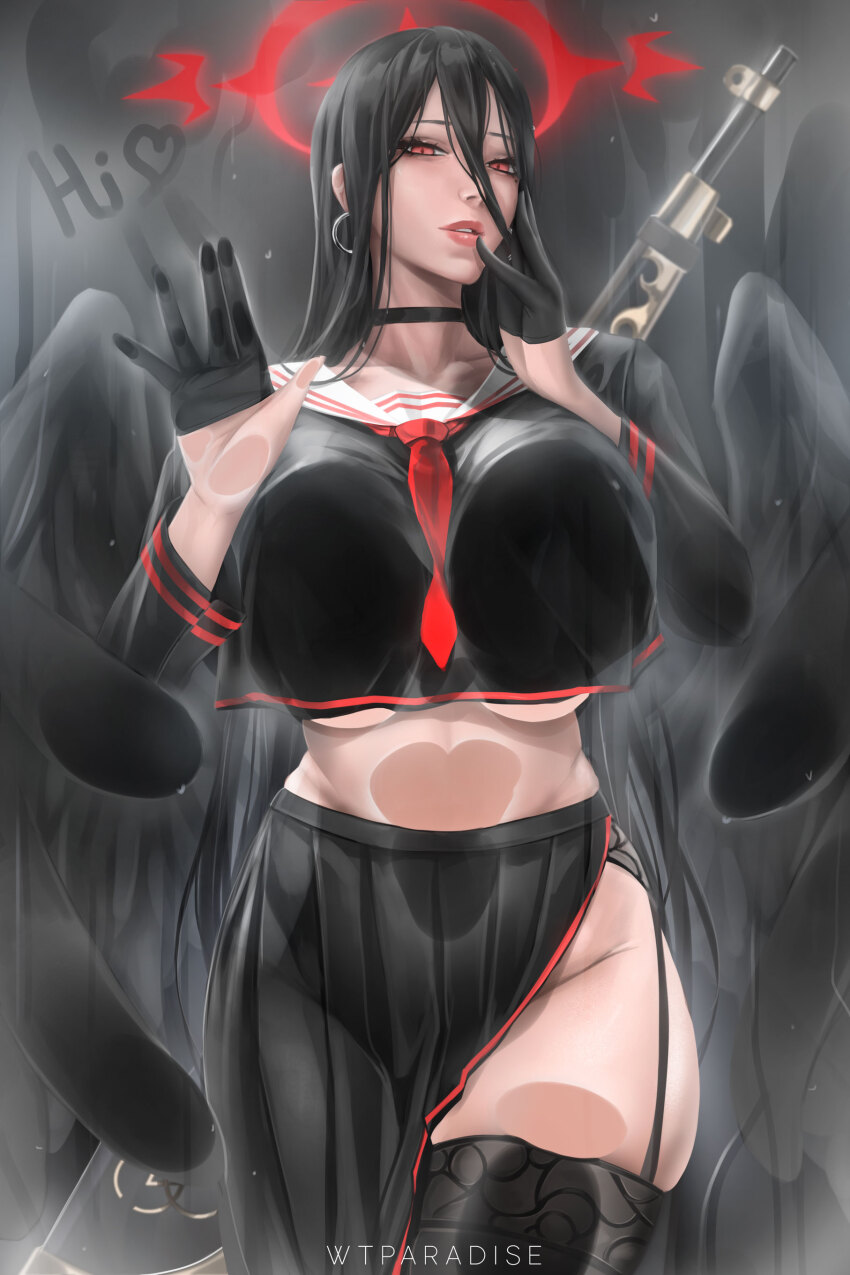 1girl absurdres against_glass black_choker black_gloves black_hair black_shirt black_skirt black_thighhighs black_wings blue_archive breast_press breasts choker commentary crop_top crop_top_overhang cropped_shirt earrings english_commentary feathered_wings gloves gun gun_on_back hair_between_eyes half_gloves halo hand_on_own_face hands_up hasumi_(blue_archive) heart highres hoop_earrings huge_breasts jewelry oversized_wings long_hair looking_at_viewer low_wings midriff mole mole_under_eye necktie parted_lips red_eyes red_halo red_necktie sailor_collar school_uniform serafuku shirt side_slit skirt solo thighhighs thighs very_long_hair weapon weapon_on_back white_sailor_collar wings wtparadise