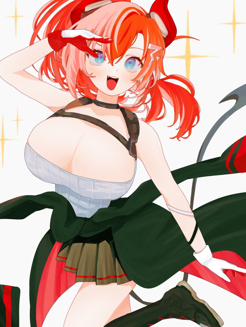 1girl :d absurdres arm_up black_boots black_jacket blue_archive blue_eyes blush boots breasts brown_skirt chest_harness cleavage clothes_around_waist demon_girl demon_horns demon_tail fang gloves harness highres horns jacket jacket_around_waist large_breasts leg_up long_hair megu_(blue_archive) miniskirt open_mouth pleated_skirt ponytail red_gloves red_hair ribbed_tank_top rnksnec simple_background skirt smile solo sparkle tail tank_top teeth two-tone_gloves upper_teeth_only white_background white_gloves white_tank_top