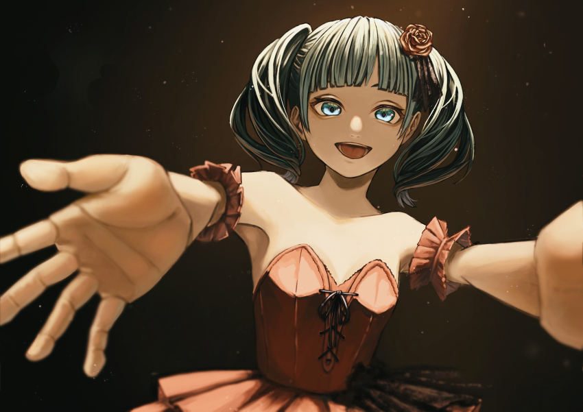 1girl arm_cuffs bare_shoulders blue_eyes blunt_bangs collarbone cross-laced_clothes cross-laced_dress dress drill_hair flower frilled_cuffs gaikotsu_gakudan_to_riria_(vocaloid) hair_flower hair_ornament hatsune_miku highres hikihy888 looking_at_viewer medium_hair no_bra open_mouth outstretched_arms reaching reaching_towards_viewer red_dress smile solo strapless strapless_dress twin_drills vocaloid
