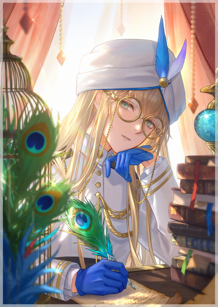 1boy absurdres aiguillette backlighting birdcage blonde_hair blue_eyes blue_gloves blurry blurry_foreground book book_stack bookmark border buttons cage captain_nemo_(fate) commentary_request curtains depth_of_field eyelashes eyewear_strap fate/grand_order fate_(series) feathers glasses glint gloves gold_trim hand_up hat hat_feather head_tilt highres holding holding_quill indoors jacket light_smile long_hair long_sleeves looking_at_viewer male_focus nemo_(fate) nemo_(fate/grand_order_arcade) nemo_(first_ascension)_(fate/grand_order_arcade) paper parted_lips peacock_feathers qingyuan quill sidelocks smile solo sunlight table transparent_border turban upper_body white_hat white_jacket window writing yellow-framed_eyewear