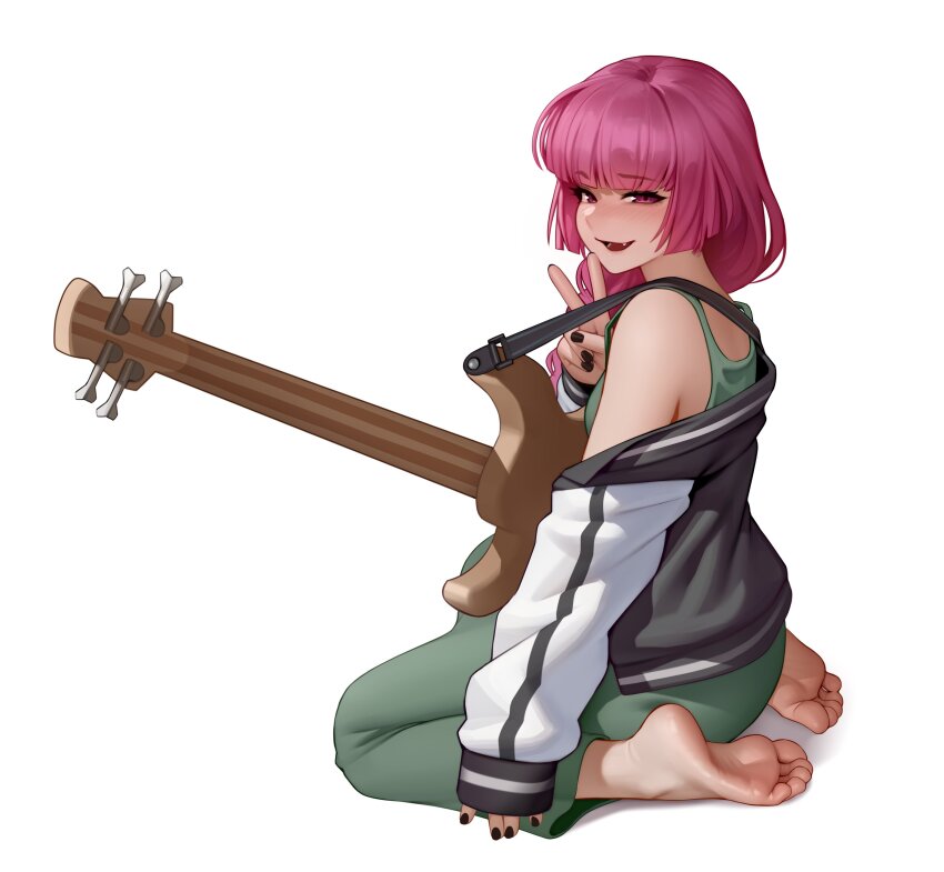 1girl absurdres barefoot bass_guitar black_jacket black_nails blush bocchi_the_rock! commentary dress english_commentary fang feet fingernails from_behind green_dress highres hiroi_kikuri instrument jacket kairunoburogu long_hair long_sleeves looking_at_viewer multicolored_jacket nail_polish open_mouth pink_eyes pink_hair revision simple_background sitting smile soles solo toes two-tone_jacket v wariza white_background white_jacket