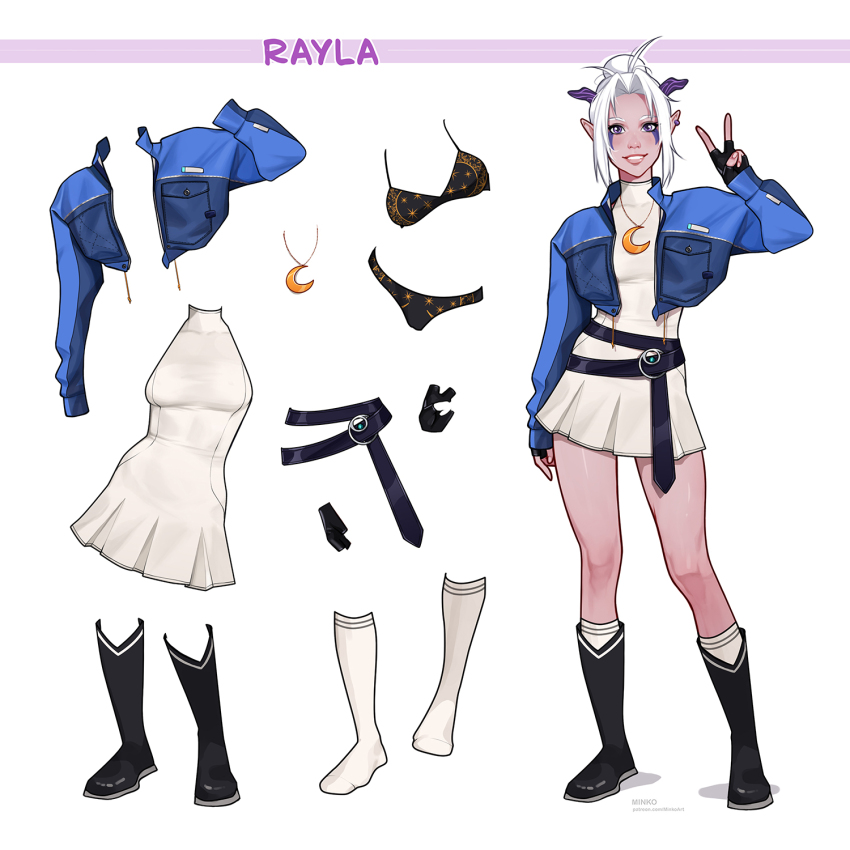 1girl belt black_boots boots cropped_jacket dress ear_piercing eyeshadow hair_bun highres jacket looking_at_viewer makeup olena_minko open_clothes open_jacket piercing pointy_ears purple_eyes rayla_(the_dragon_prince) simple_background smile solo the_dragon_prince v white_background white_hair