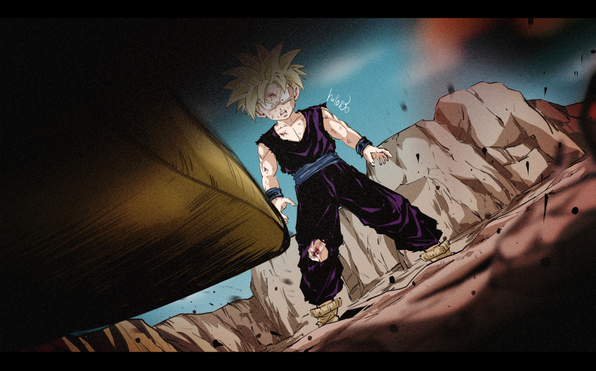 android_16 blonde_hair blurry bruise cell_(dragon_ball) commentary_request depth_of_field dragon_ball dragonball_z dutch_angle film_grain frown green_eyes highres injury letterboxed open_mouth pov ruto830 signature son_gohan super_saiyan super_saiyan_1 torn_clothes