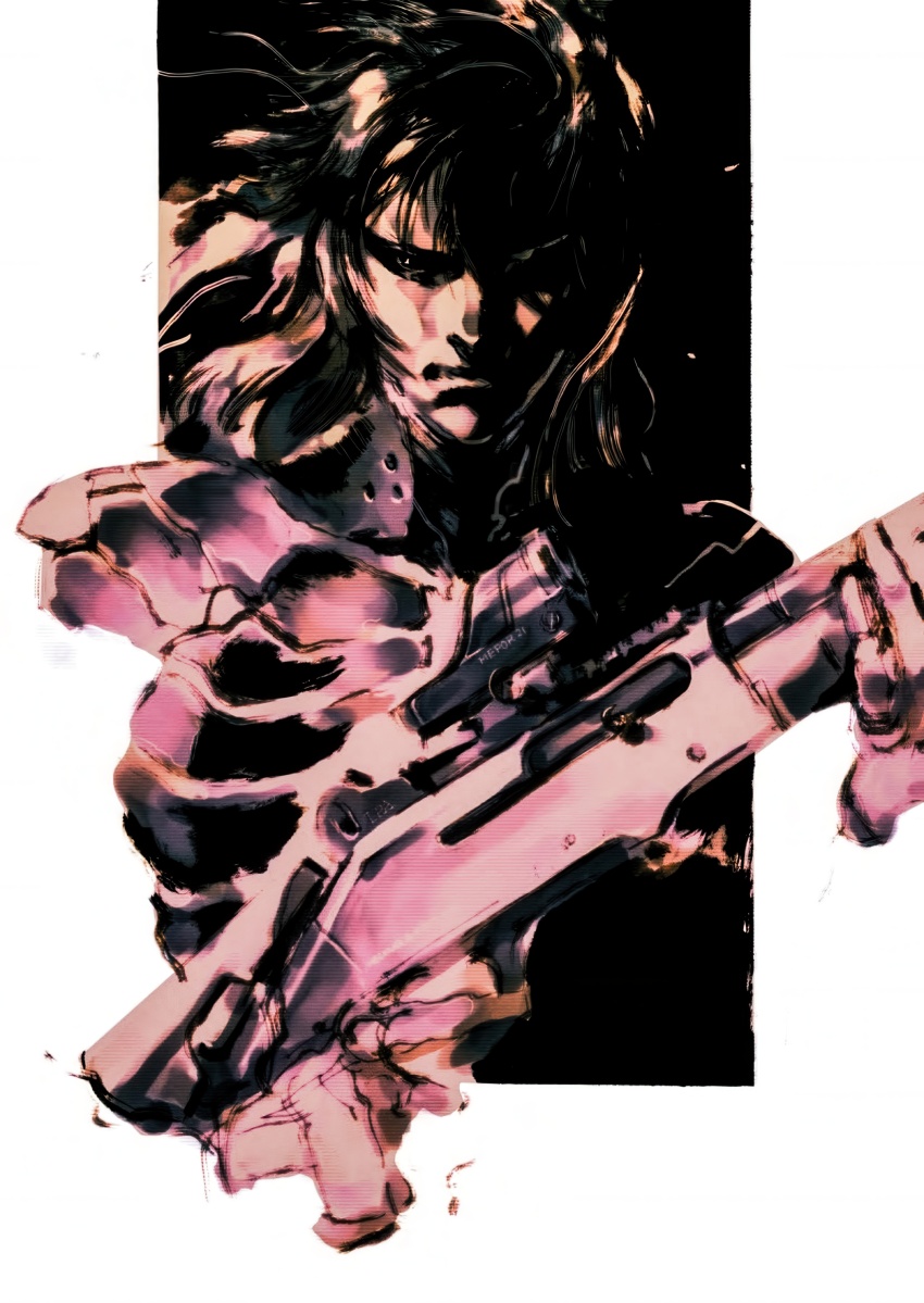 1boy absurdres black_background closed_mouth facing_viewer gun highres holding holding_gun holding_weapon long_hair male_focus metal_gear_(series) metal_gear_solid_2:_sons_of_liberty official_art optical_sight pump_action raiden_(metal_gear) serious shinkawa_youji shotgun simple_background sneaking_suit two-handed two-tone_background weapon white_background