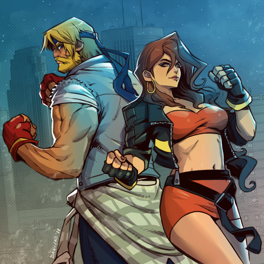 1boy 1girl axel_stone back-to-back streets_of_rage streets_of_rage_4 beard black_gloves black_jacket blaze_fielding blonde_hair blue_eyes breasts brown_eyes brown_hair cityscape clenched_hands clothes_around_waist cropped_jacket danusko earrings eyelashes facial_hair fighting_stance fingerless_gloves gloves gold_earrings headband highres hoop_earrings jacket jewelry leather leather_jacket lips looking_at_viewer loose_clothes loose_shirt medium_breasts miniskirt muscular navel night red_gloves red_skirt sega shirt shirt_around_waist skirt sleeves_pushed_up