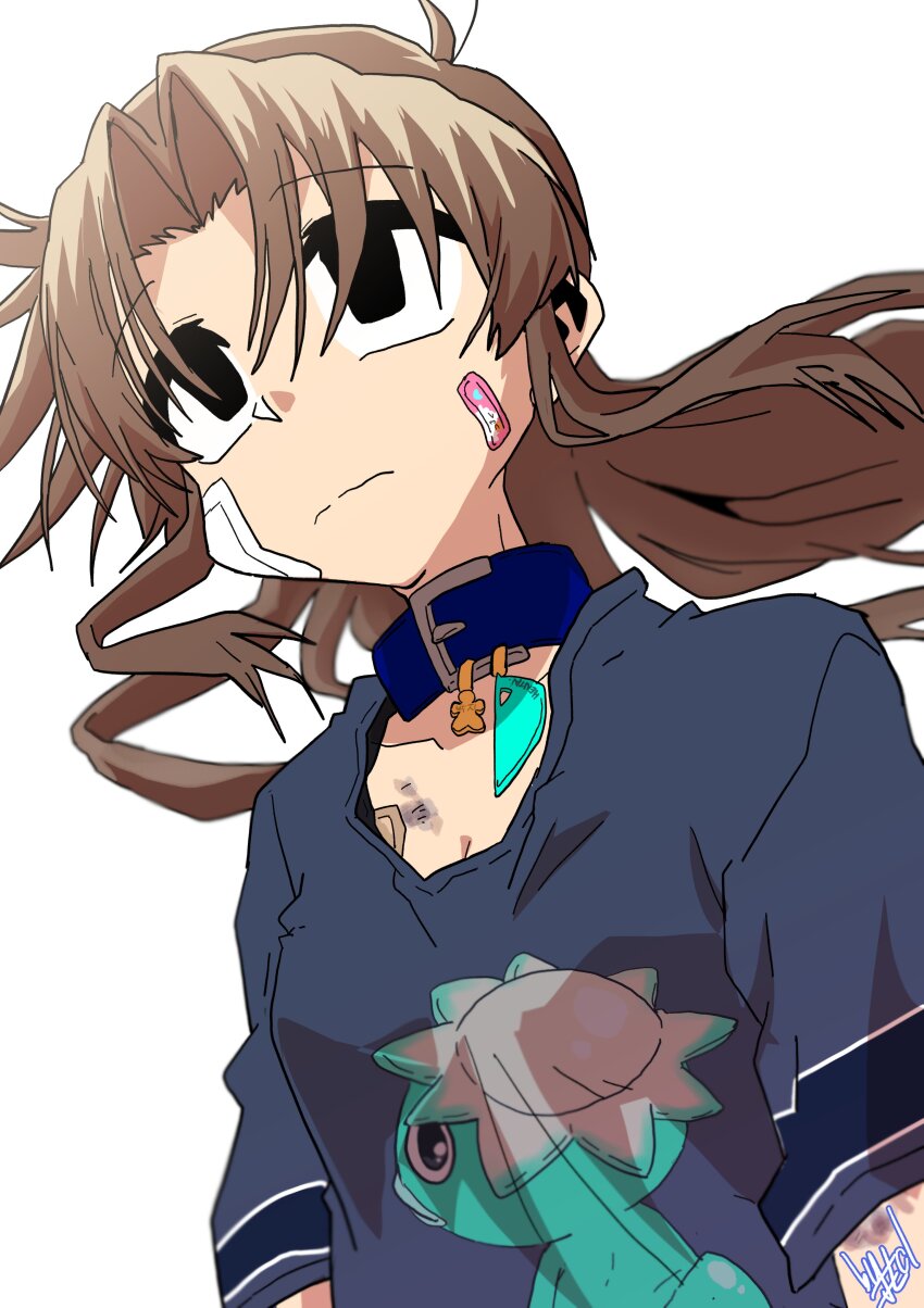 1girl absurdres black_eyes blue_collar blue_shirt breasts brown_hair bruise cleavage collar collarbone ed-chan_(edkuroki) edkuroki floating_hair from_below gauze_on_chest hair_intakes highres injury jewelry long_hair looking_ahead messy_hair necklace original print_shirt shirt short_sleeves sidelocks signature simple_background solo wavy_mouth white_background