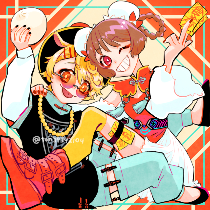 1boy 1girl :p animal_ears black_shirt black_shoes blonde_hair blue_pants boots brown_hair bun_cover commentary delicious_party_precure detached_sleeves double_bun dragon_boy dragon_ears dress flats food garter_belt grin hair_bun hair_rings hanamichi_ran hand_on_another&#039;s_shoulder hat holding holding_food holding_ofuda layered_clothes long_sleeves mem-mem_(precure) mem-mem_(precure)_(human) ofuda one_eye_closed pants precure purple_eyes qingdai_guanmao red-tinted_eyewear red_boots red_dress red_eyes rimless_eyewear round_eyewear shirt shoes short_dress short_hair sitting sleeveless sleeveless_dress smile steamed_bun sunglasses tassel thighhighs tinted_eyewear ton_(ton39342104) tongue tongue_out twitter_username two-tone_dress white_dress white_shirt white_sleeves yellow_thighhighs