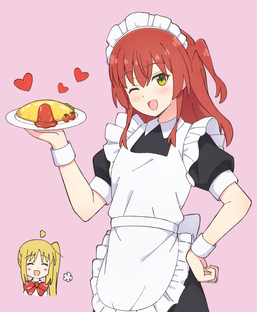 2girls :d absurdres ahoge alternate_costume apron black_dress blonde_hair blush bocchi_the_rock! bow bowtie chibi chibi_inset collared_dress collared_shirt commentary_request contrast_collar cowboy_shot detached_ahoge dress enmaided food frilled_apron frills green_eyes hand_on_own_hip heart highres holding holding_plate ijichi_nijika kita_ikuyo long_hair looking_at_viewer maid maid_apron maid_headdress mimori_(mimori_05) multiple_girls omelet omurice one_eye_closed one_side_up open_mouth pink_background plate puffy_short_sleeves puffy_sleeves red_bow red_bowtie red_hair shirt short_sleeves side_ponytail sidelocks simple_background smile solo_focus white_apron white_shirt wrist_cuffs