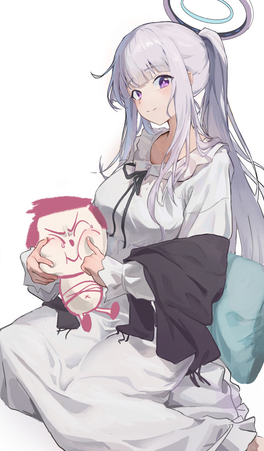 1girl absurdres blue_archive breasts closed_mouth commentary doodle_sensei_(blue_archive) frilled_pajamas frills halo highres juwei_yaodai_mao large_breasts long_hair long_sleeves looking_at_viewer mechanical_halo noa_(blue_archive) noa_(pajamas)_(blue_archive) official_alternate_costume pajamas ponytail purple_eyes sensei_(blue_archive) sidelocks simple_background sitting smile very_long_hair white_hair white_halo white_pajamas yokozuwari