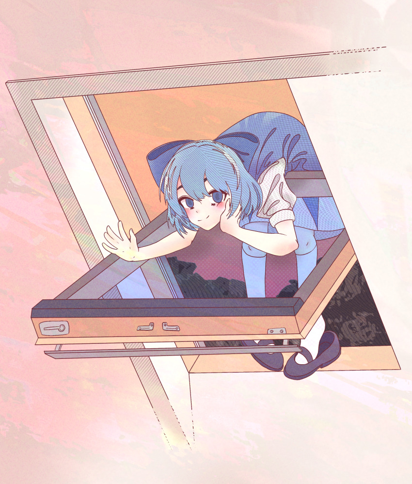 1girl absurdres against_window blue_bow blue_dress blue_eyes blue_hair bow casinotrashcan cirno commentary_request dress elbow_blush foliage hair_bow head_on_hand highres kneehighs knees mary_janes open_window shoes short_hair short_sleeves smile socks solo split_mouth sunset through_window touhou waving white_sleeves white_socks window