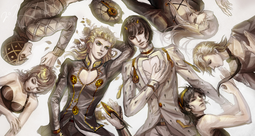 1girl 207 6+boys black_hair blonde_hair bob_cut breasts bruno_bucciarati cleavage cleavage_cutout clothing_cutout coco_jumbo guido_mista hair_down headband highres jojo_no_kimyou_na_bouken leone_abbacchio male_focus multiple_boys muted_color narancia_ghirga pannacotta_fugo short_hair trish_una turtle vento_aureo white_background yellow_headband