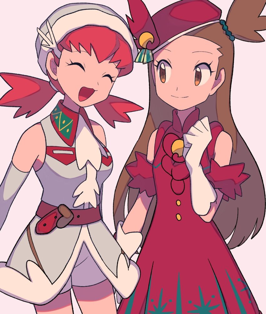 2girls alternate_color armlet brown_hair christmas closed_eyes dress gloves hat highres jasmine_(holiday_2022)_(pokemon) jasmine_(pokemon) jewelry long_hair multiple_girls nintendo pink_hair pokemon pokemon_masters_ex red_dress santa_costume santa_hat short_hair sleeveless tyako_089 white_gloves whitney_(holiday_2022)_(pokemon) whitney_(pokemon)