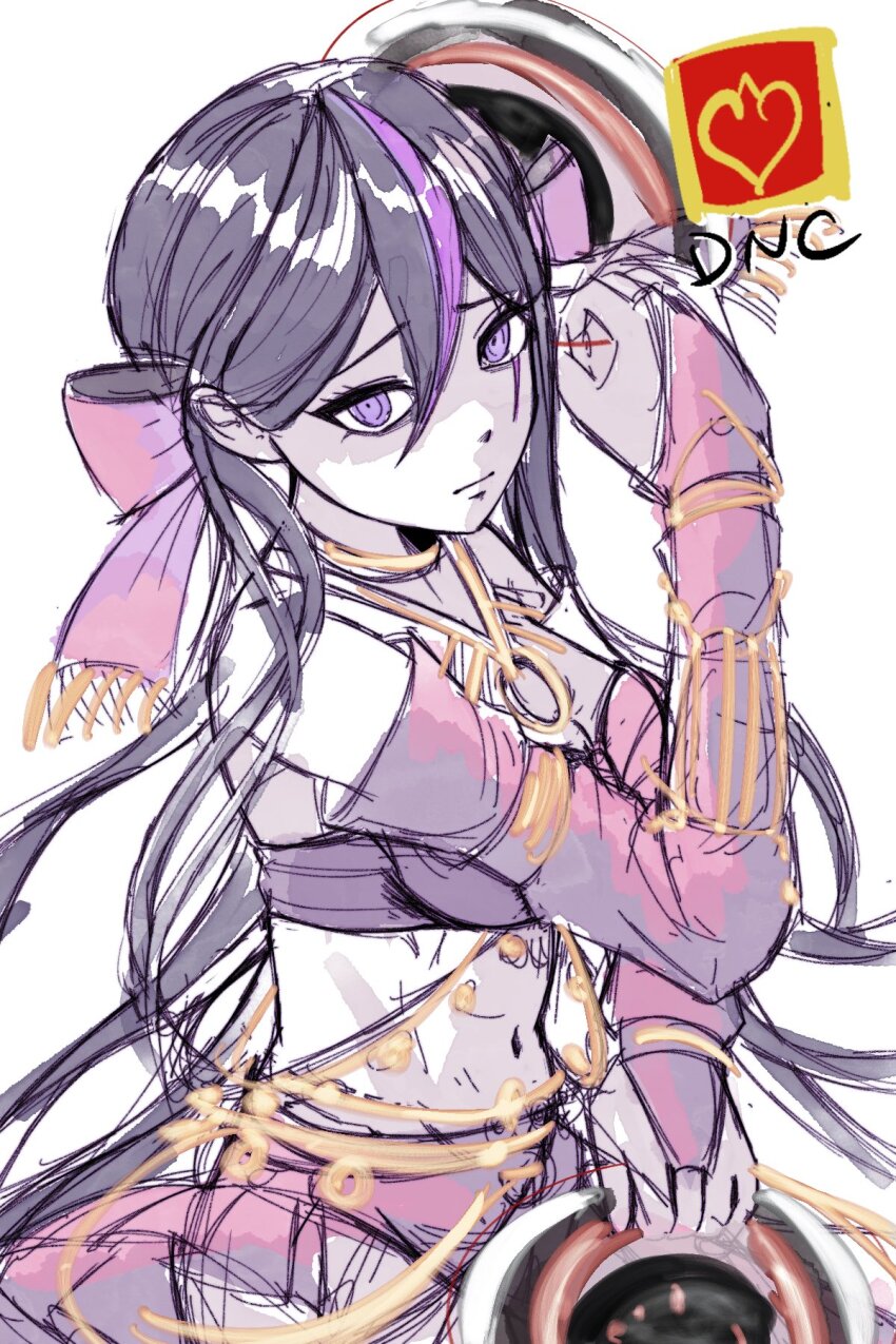arm_up bow bridal_gauntlets chakram commentary cowboy_shot dancer_(final_fantasy) elbow_gloves english_commentary eva_(hundred_line) final_fantasy final_fantasy_xiv gloves hair_bow highres job_icon_(final_fantasy) lakujox long_hair multicolored_hair navel pink_bow pink_bridal_gauntlets purple_eyes purple_streaks scar scar_across_eye scar_on_face simple_background sketch the_hundred_line_-last_defense_academy- weapon white_background