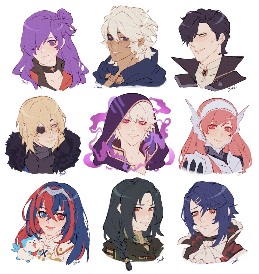 3girls 6+boys aimaru alcryst_(fire_emblem) aura black_hair blonde_hair blue_eyes cherche_(fire_emblem) choker commentary creature cropped_shoulders dark-skinned_male dark_aura dark_skin dimitri_alexandre_blaiddyd dimitri_alexandre_blaiddyd_(timeskip) english_commentary eyepatch facial_mark female_alear_(fire_emblem) female_shez_(fire_emblem) fire_emblem fire_emblem:_path_of_radiance fire_emblem:_three_houses fire_emblem_awakening fire_emblem_engage fire_emblem_fates fire_emblem_warriors:_three_hopes forehead_mark fur_trim grima_(fire_emblem) hair_over_one_eye highres hood hood_up hubert_von_vestra hubert_von_vestra_(timeskip) long_hair looking_at_viewer male_robin_(fire_emblem) multicolored_hair multiple_boys multiple_girls niles_(fire_emblem) nintendo parted_lips pink_hair purple_eyes purple_hair red_eyes short_hair signature simple_background smile sommie_(fire_emblem) soren_(fire_emblem) split-color_hair two-tone_hair white_background white_hair