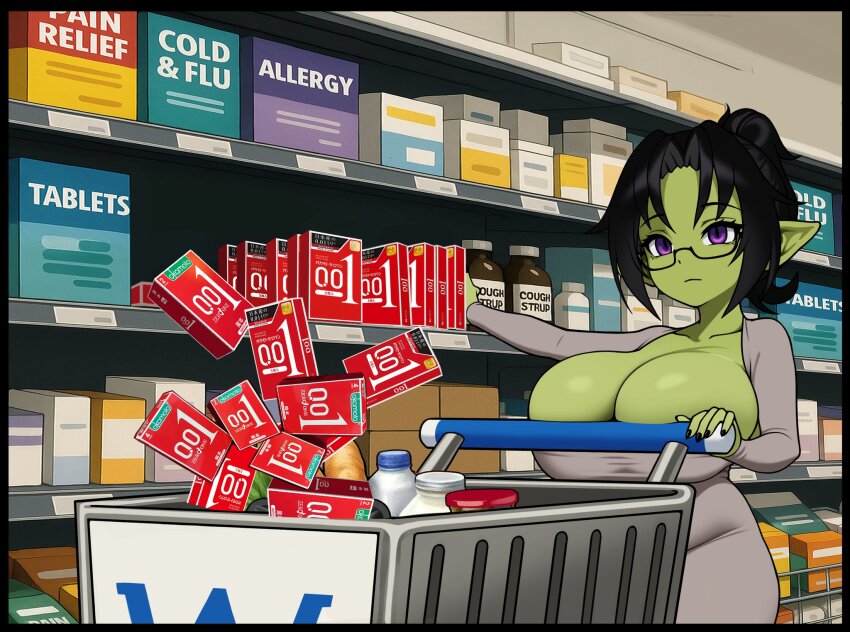 1girl beef breasts cleavage colored_skin commentary condom_box dongtan_dress dress female_goblin goblin green_skin grey_dress grimgrim groceries grocery_store highres huge_breasts large_ears long_pointy_ears meme_attire original pointy_ears purple_eyes scoop_neck shopping shortstack solo speech_bubble symbol-only_commentary taut_clothes taut_dress tight_clothes tight_dress