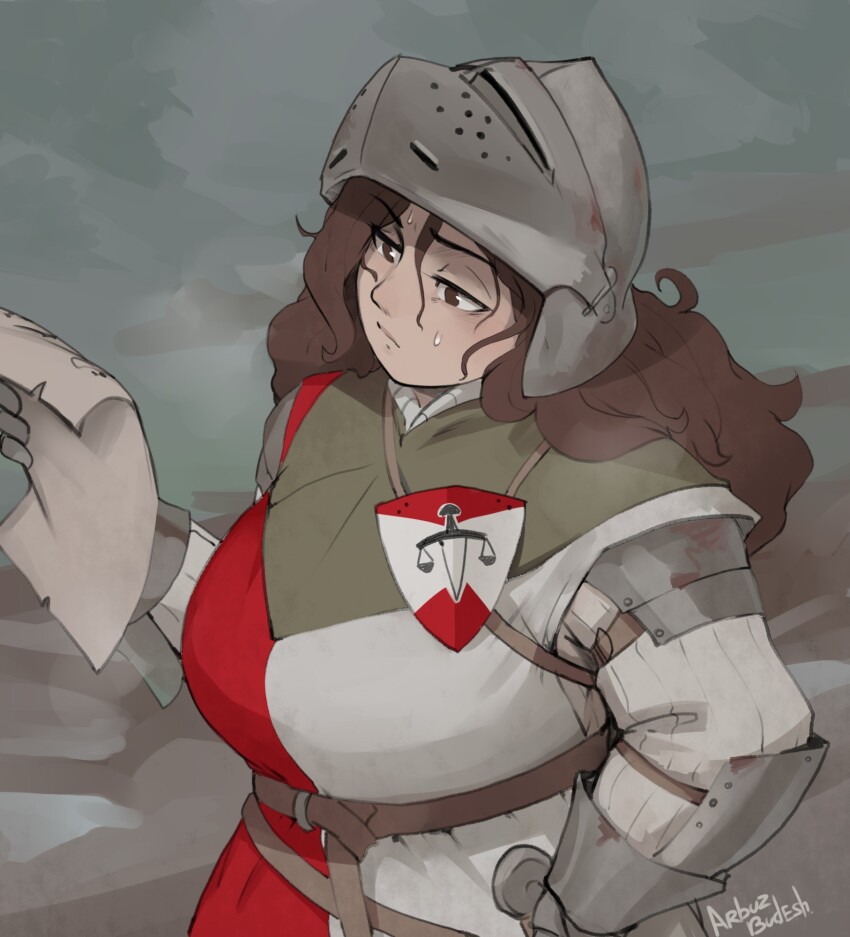 1girl arbuz_budesh artist_name brown_eyes brown_hair commentary english_commentary gauntlets grey_sky helmet highres holding holding_paper lady_lucerne_(ironlily) ordo_mediare_sisters_(ironlily) outdoors paper sky solo standing sweat