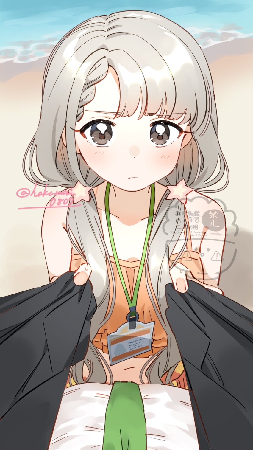 1boy 1girl beach blush camisole clothes_pull commentary_request formal_clothes grey_eyes grey_hair highres hisakawa_nagi idolmaster idolmaster_cinderella_girls long_hair looking_at_viewer low_twintails necktie pout pov producer_(idolmaster) shisui_(5830217) suit twintails water