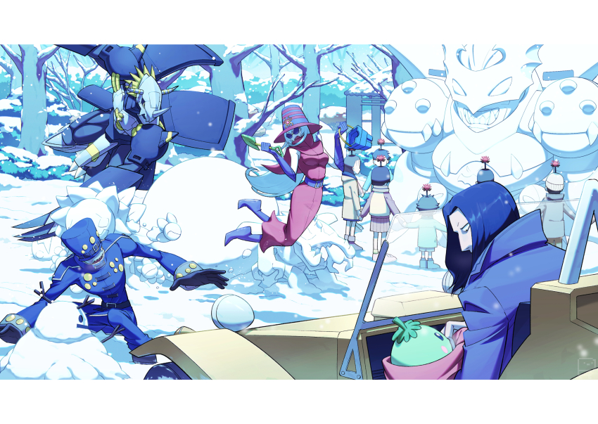 archnemon armor belialvamdemon belt blackwargreymon blossomon blue_hair digimon digimon_(creature) digimon_adventure_02 glasses hat highres kuwagamon long_hair mummymon oikawa_yukio pipimon snow snowman yellow_eyes