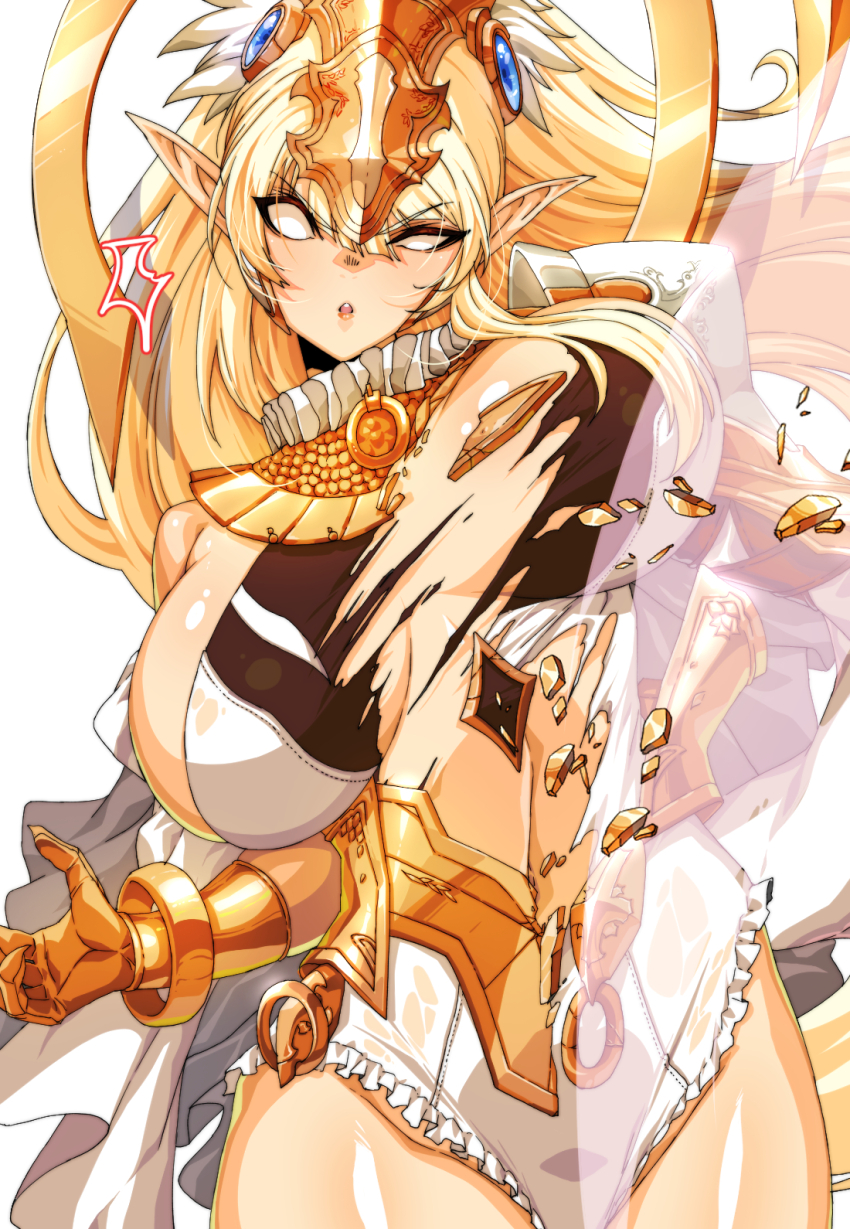 1girl :o armor armored_dress blonde_hair breasts broken_armor commission commissioner_upload dress dungeon_and_fighter hair_ornament halo highres large_breasts long_hair niu_(dungeon_and_fighter) niu_teana no_pupils non-web_source pixiv_commission pointy_ears ponytail rantia shiny_skin solo surprised teeth torn_clothes upper_body upper_teeth_only white_background
