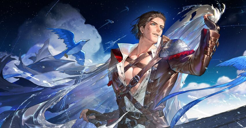 1boy adventurer_(ff14) armor beard_stubble belt bird black_gloves blue_bird blue_eyes blue_sky brown_hair brown_jacket chest_harness cloak cloud collarbone commentary eboda-x facial_hair facial_scar final_fantasy final_fantasy_xiv fingerless_gloves from_side gloves hand_up harness highres holding_cloak hyur jacket long_sleeves looking_afar looking_ahead male_focus multiple_belts mustache_stubble open_clothes open_jacket outdoors parted_lips partially_unbuttoned pauldrons pectoral_cleavage pectorals scar scar_on_cheek scar_on_face scar_on_forehead shirt short_hair shoulder_armor simple_bird single_pauldron sky smile solo star_(sky) starry_sky stubble symbol-only_commentary torn_cloak torn_clothes unworn_cloak upper_body viper_(final_fantasy) warrior_of_light_(ff14) water water_drop white_cloak white_shirt