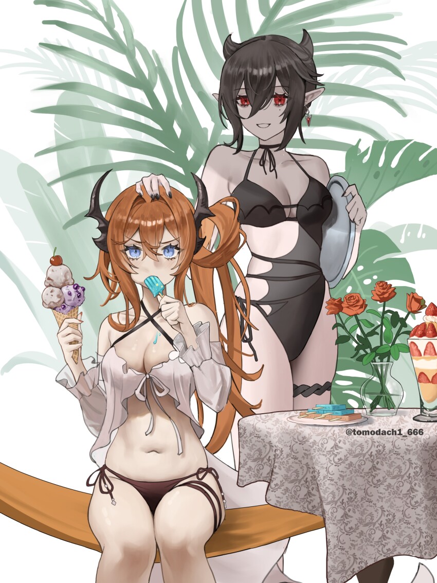 2girls absurdres arknights artist_name babydoll bare_shoulders bikini black_bikini black_choker black_hair black_nails black_one-piece_swimsuit blue_eyes breasts casual_one-piece_swimsuit cherry choker cleavage closed_mouth collarbone creator_connection criss-cross_halter detached_sleeves earrings eating entelechia_(arknights) flower food food_on_body food_on_breasts fruit halterneck hammock hand_on_another&#039;s_head highres holding holding_food holding_tray horns ice_cream ice_cream_cone jewelry long_hair long_sleeves looking_at_viewer medium_breasts mole mole_under_eye multiple_girls nail_polish navel official_alternate_costume one-piece_swimsuit parted_lips plant pointy_ears popsicle red_eyes red_flower red_hair red_rose rose short_hair side-tie_bikini_bottom side_ponytail simple_background single_earring sitting skindentation smile standing sundae surtr_(arknights) surtr_(colorful_wonderland)_(arknights) swimsuit symbol-shaped_pupils table thigh_strap tomodach1666 tray twitter_username v-shaped_eyebrows vase white_background x-shaped_pupils