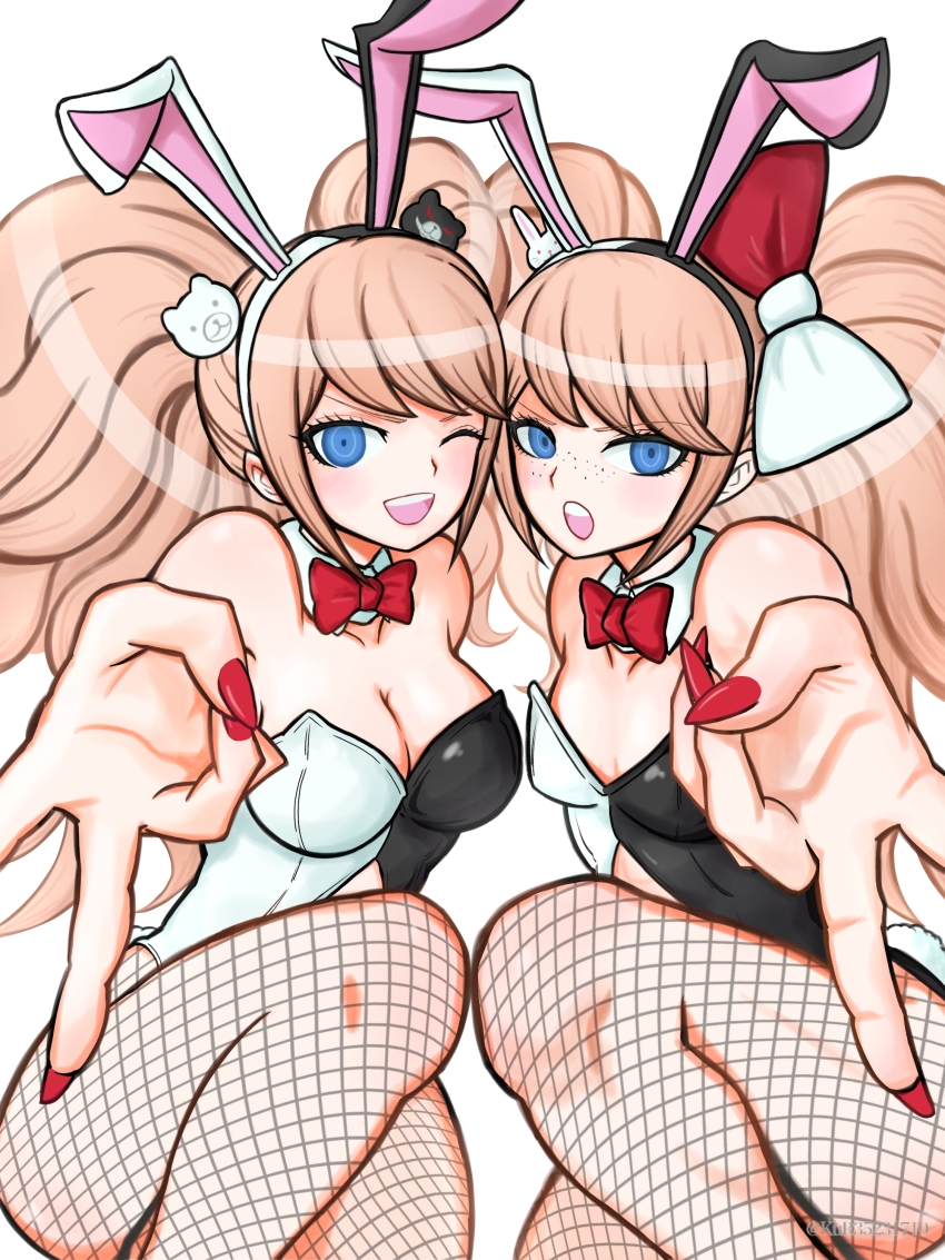 2girls :o ;d absurdres animal_ears aruke_(gter7727) blonde_hair blue_eyes blush breasts cleavage cosplay danganronpa:_trigger_happy_havoc danganronpa_(series) enoshima_junko enoshima_junko_(cosplay) fake_animal_ears fishnet_pantyhose fishnets freckles highres ikusaba_mukuro large_breasts multiple_girls nail_polish official_alternate_costume one_eye_closed open_mouth pantyhose rabbit_ears red_nails siblings sisters small_breasts smile twins twintails