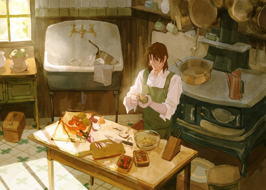 1boy alternate_costume apron basket bowl brown_hair closed_eyes cup cutting_board food gundam gundam_00 holding holding_food holding_knife holding_vegetable huangdanlan indoors kettle knife lockon_stratos long_sleeves male_focus medium_hair onion peeling pot potato shirt sink sleeves_rolled_up slice_of_life solo stove table tile_floor tiles vegetable white_shirt window