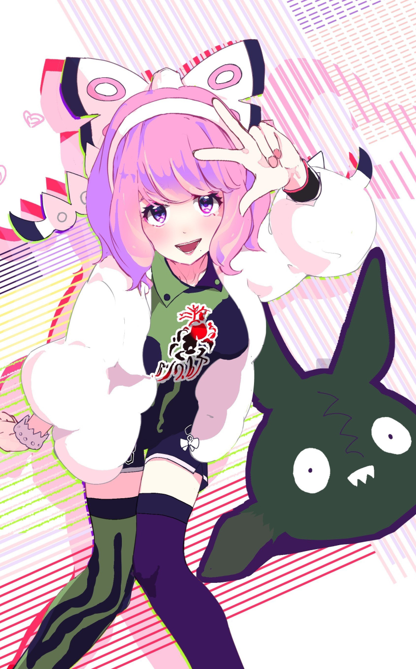 1girl absurdres asymmetrical_legwear bow bracelet collared_shirt drill_hair dynamax_band eyeshadow flipped_hair fur_jacket gen_5_pokemon hair_bow hairband highres hinaname jacket jewelry klara_(pokemon) leaning_forward makeup mismatched_legwear mole mole_under_mouth nintendo pink_eyeshadow pink_hair pink_lips pokemon pokemon_(creature) pokemon_swsh print_shirt print_shorts purple_eyes shirt short_hair shorts side_slit side_slit_shorts smile trash_bag trubbish twin_drills two-tone_shirt two-tone_shorts two-tone_thighhighs white_bow white_hairband