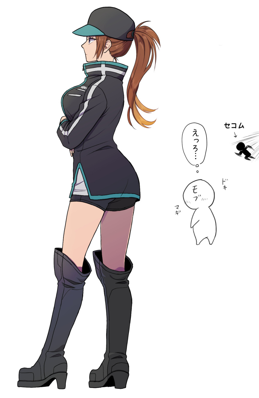 1girl arafune_squad&#039;s_uniform arafune_tetsuji arrow_(symbol) ass baseball_cap black_footwear black_headwear black_jacket black_shorts boots breasts brown_hair chibi chibi_inset crossed_arms from_behind full_body genderswap genderswap_(mtf) hair_through_headwear hat high_heel_boots high_heels highres jacket knee_boots large_breasts long_hair looking_ahead medium_breasts ponytail profile shishou_(xxsisyou) short_hair shorts simple_background solo_focus standing white_background world_trigger