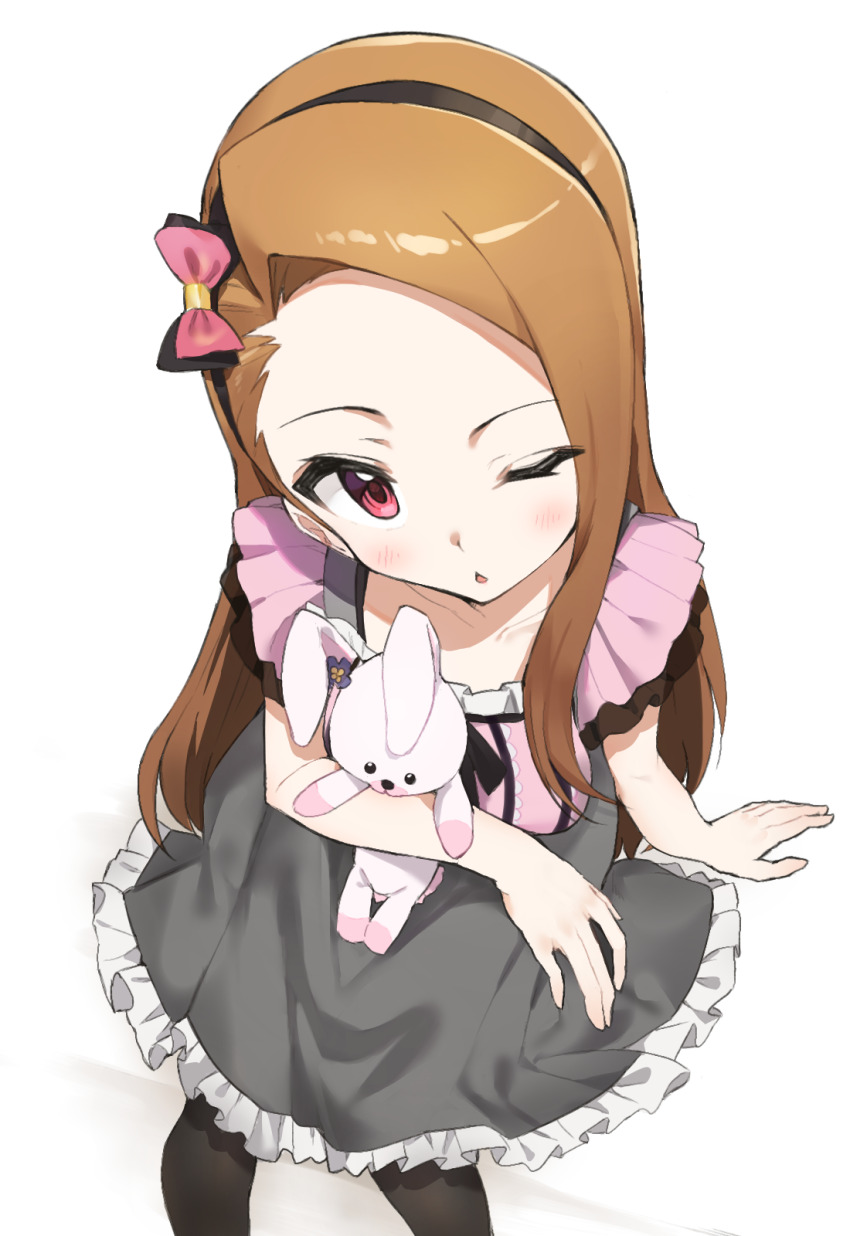 1girl applepie_(12711019) bow child forehead frills hairband highres idolmaster minase_iori one_eye_closed pantyhose red_eyes solo stuffed_animal stuffed_rabbit stuffed_toy
