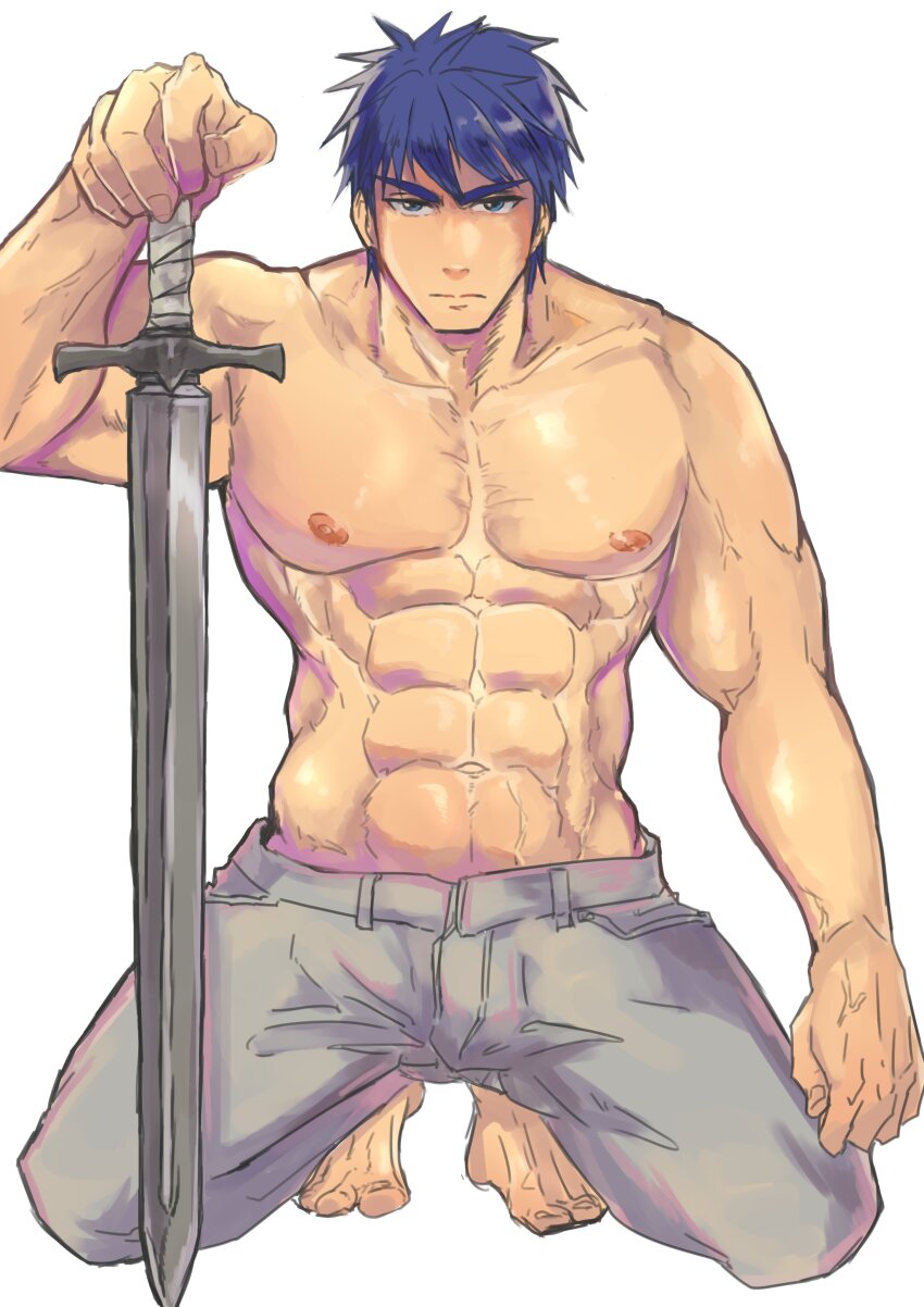 1boy abs absurdres bara barefoot blue_eyes blue_hair commentary_request fire_emblem fire_emblem:_radiant_dawn hand_on_hilt highres ike_(fire_emblem) kamabokozin large_pectorals looking_at_viewer male_focus muscular muscular_male navel nintendo nipples pants pectorals short_hair simple_background solo sword topless_male weapon white_background