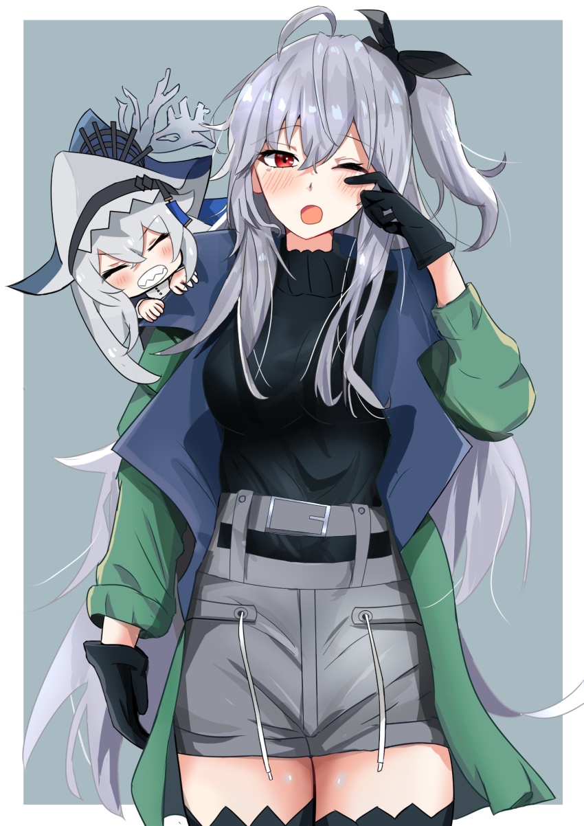2girls ahoge akabeko123 arknights black_gloves black_thighhighs blush border chibi coat gloves green_coat grey_background grey_hair grey_shorts hair_between_eyes high-waist_shorts highres long_hair long_sleeves looking_at_viewer multiple_girls official_alternate_costume one_eye_closed open_clothes open_coat open_mouth outside_border red_eyes shorts simple_background skadi_(arknights) skadi_(the_next_afternoon_tea)_(arknights) thighhighs very_long_hair white_border yawning zettai_ryouiki
