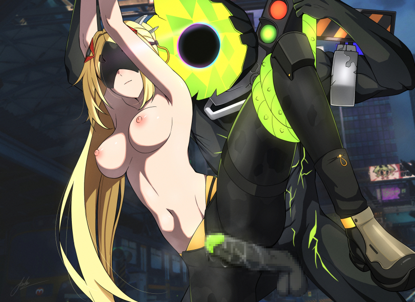 1girl aoikito_lavender086 arms_up bestiality black_boots black_pants blonde_hair boots breasts censored closed_mouth commentary english_commentary ethereal_(zenless_zone_zero) eye_mask hetero highres imminent_rape large_breasts long_hair monster mosaic_censoring navel night nipples outdoors pants penis stomach topless_female trigger_(zenless_zone_zero) zenless_zone_zero