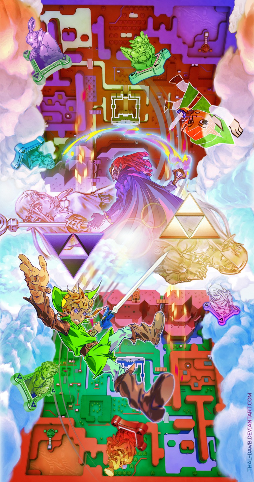 absurdres belt blonde_hair boots bridge brooch brown_footwear brown_shirt canyon cloud desert fire framed from_above full_body gloves green_vest gulley highres holding holding_sword holding_weapon impa interlocked_fingers jewelry larry_d_warren_jr. lens_flare link long_hair long_sleeves map master_sword meadow mountain multiple_boys multiple_girls nintendo osfala own_hands_together photo_(object) picture_frame pointy_ears praying princess_hilda princess_zelda purple_fire queen_oren red_hair river rosso_(zelda) sand seres_(zelda) shirt staff sunlight sword the_legend_of_zelda the_legend_of_zelda:_a_link_between_worlds toon_link torch triangle triforce vest wall water weapon white_legwear yuga_(zelda)