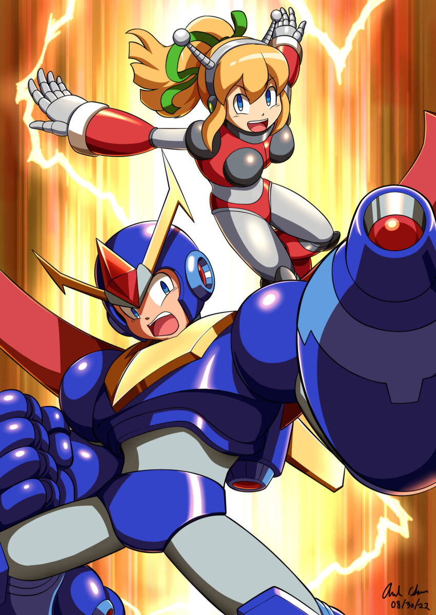antennae armor armored_boots armored_gloves bikini_armor blonde_hair blue_eyes boots breasts character_request green_ribbon hairband highres huge_breasts hyper_rockman_(marvel_vs._capcom) hyper_roll_(marvel_vs._capcom) innovator123 joints long_hair marvel_vs._capcom mega_man_(character) mega_man_(series) radio_antenna ribbon robot_girl robot_joints roll_(mega_man) shoulder_armor