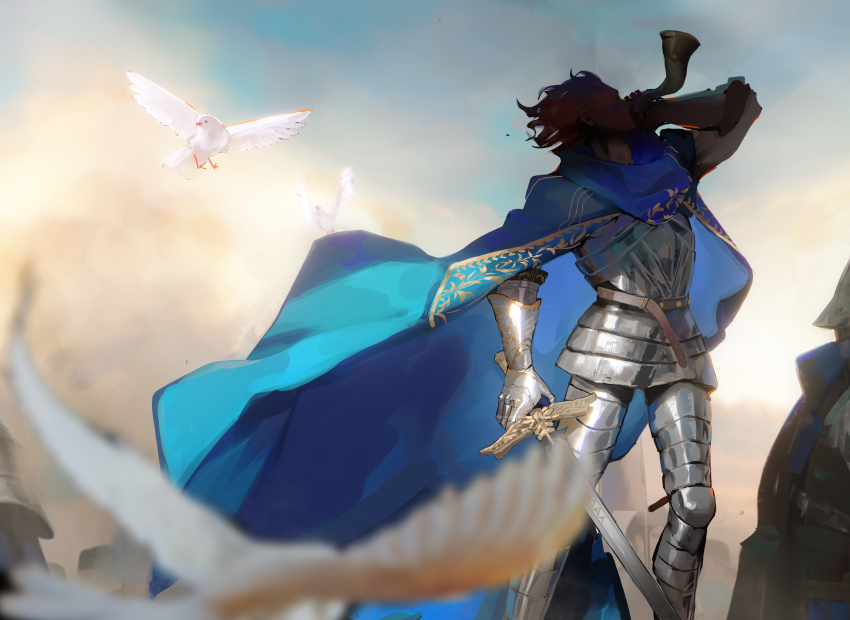 1boy a_knight_(reverse:1999) absurdres akarinchan armor bird blowing_horn blue_cape blue_sky blurry blurry_background blurry_foreground cape cuirass cuisses feet_out_of_frame from_side gauntlets gradient_background greaves highres holding holding_sword holding_weapon horn_(instrument) knight male_focus plate_armor poleyn reverse:1999 shade short_hair silhouette sky solo standing sword vambraces weapon white_bird