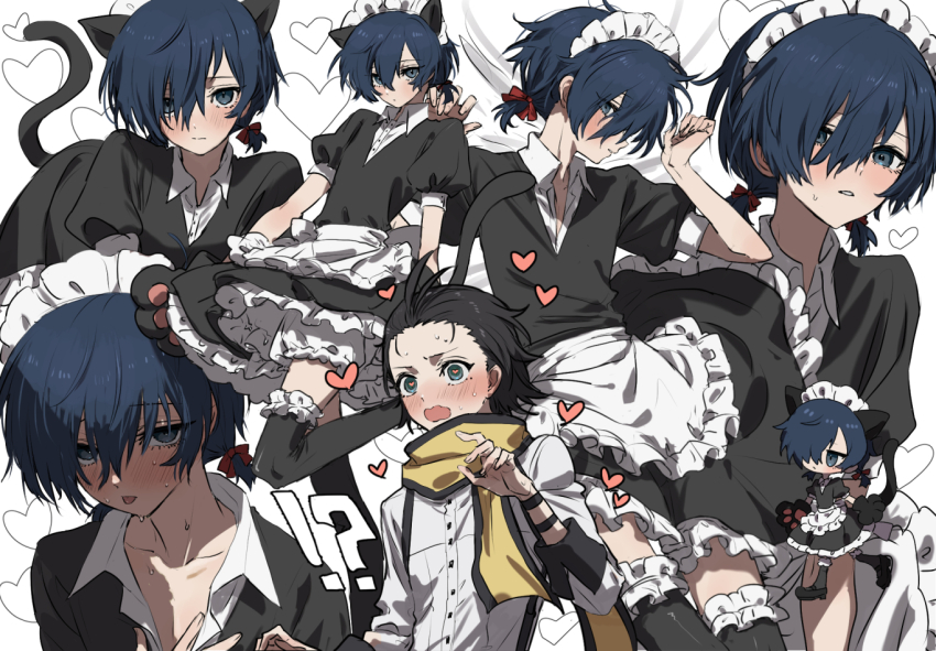2boys alternate_costume animal_ears animal_hands apron black_dress black_hair black_thighhighs bloomers blue_eyes blue_hair blush cat_ears cat_tail chibi closed_mouth crossdressing dress enmaided gloves hair_between_eyes hair_ribbon heart heart-shaped_pupils kemonomimi_mode low_twintails lying maid maid_headdress male_focus mochizuki_ryouji multiple_boys multiple_views nose_blush on_back open_mouth paw_gloves persona persona_3 red_ribbon ribbon scarf shirt short_sleeves sweat symbol-shaped_pupils tail tamaon_2525 thighhighs tongue tongue_out trap twintails underwear waist_apron white_bloomers white_shirt yaoi yellow_scarf yuuki_makoto_(persona_3)